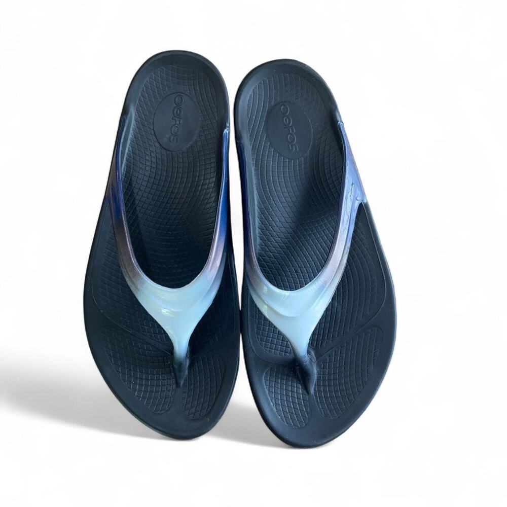 OOFOS OOmg / OOriginal Luxe Ombre Navy Blue Metallic Recovery Sandals W11/EU 42